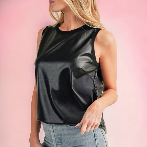 Black Solid Color PU Round Tank Neck Tank Top - Picture 5 of 6